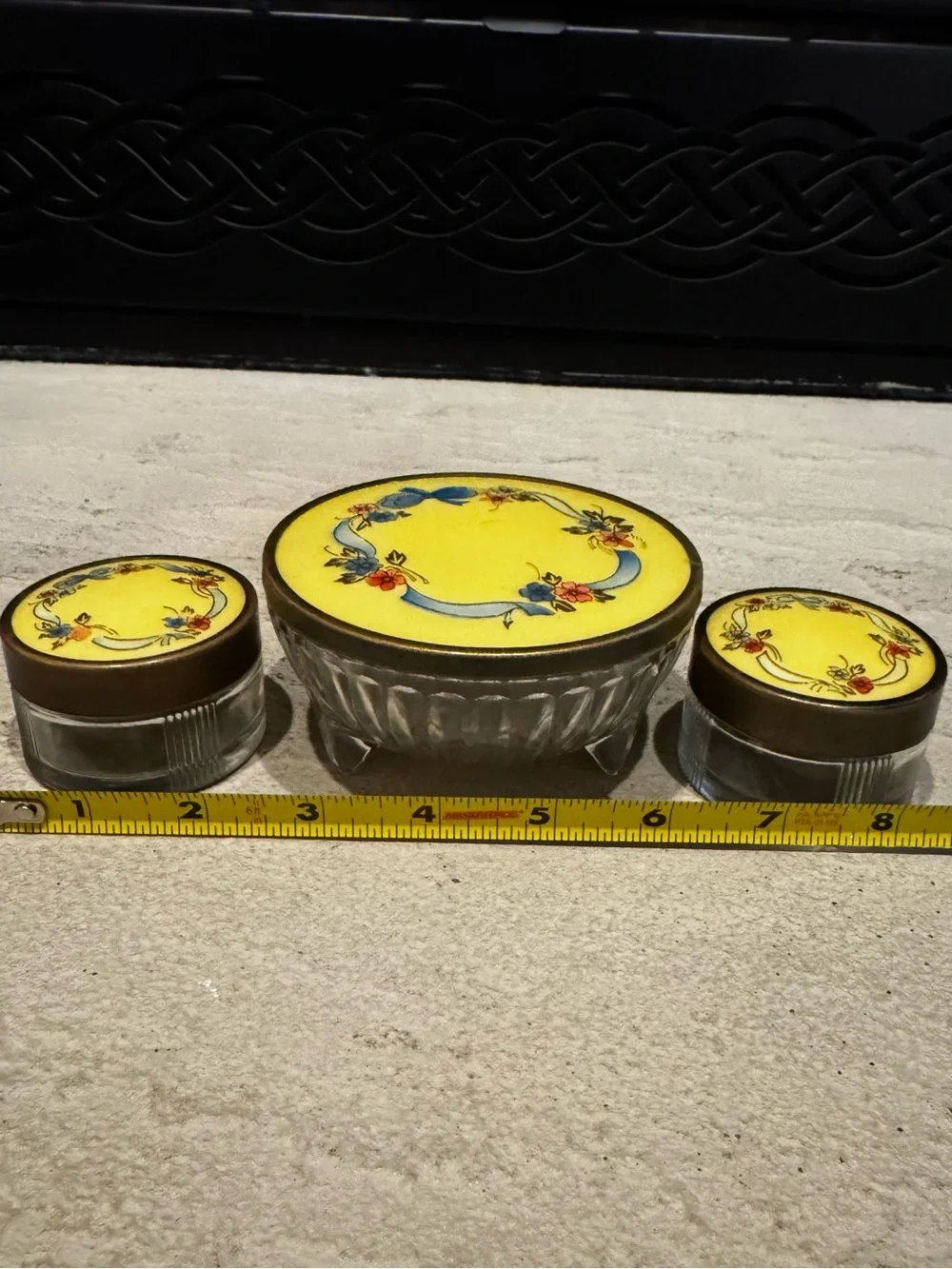 Yellow Floral Enamel Vanity Tray Set - Decorative Bathroom Jars